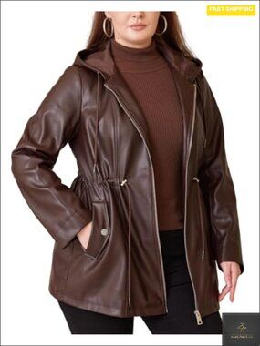 Plus Size Faux Leather Moto Biker Jacket with Hood & Belt